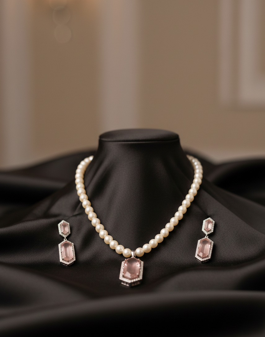 Pearl Necklace Set with Crystal Pendant & Stud Earrings