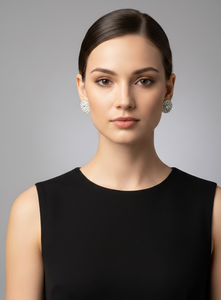 Luxury Round Diamond Pavé Stud Earrings (Silver Tone)