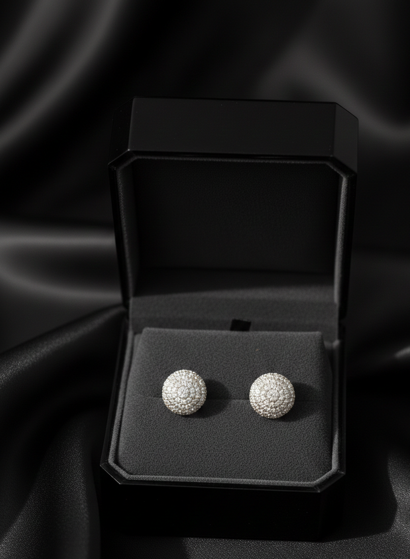 Luxury Round Diamond Pavé Stud Earrings (Silver Tone)