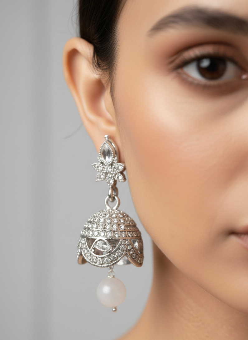 Silver Zircon Jhumka Earrings