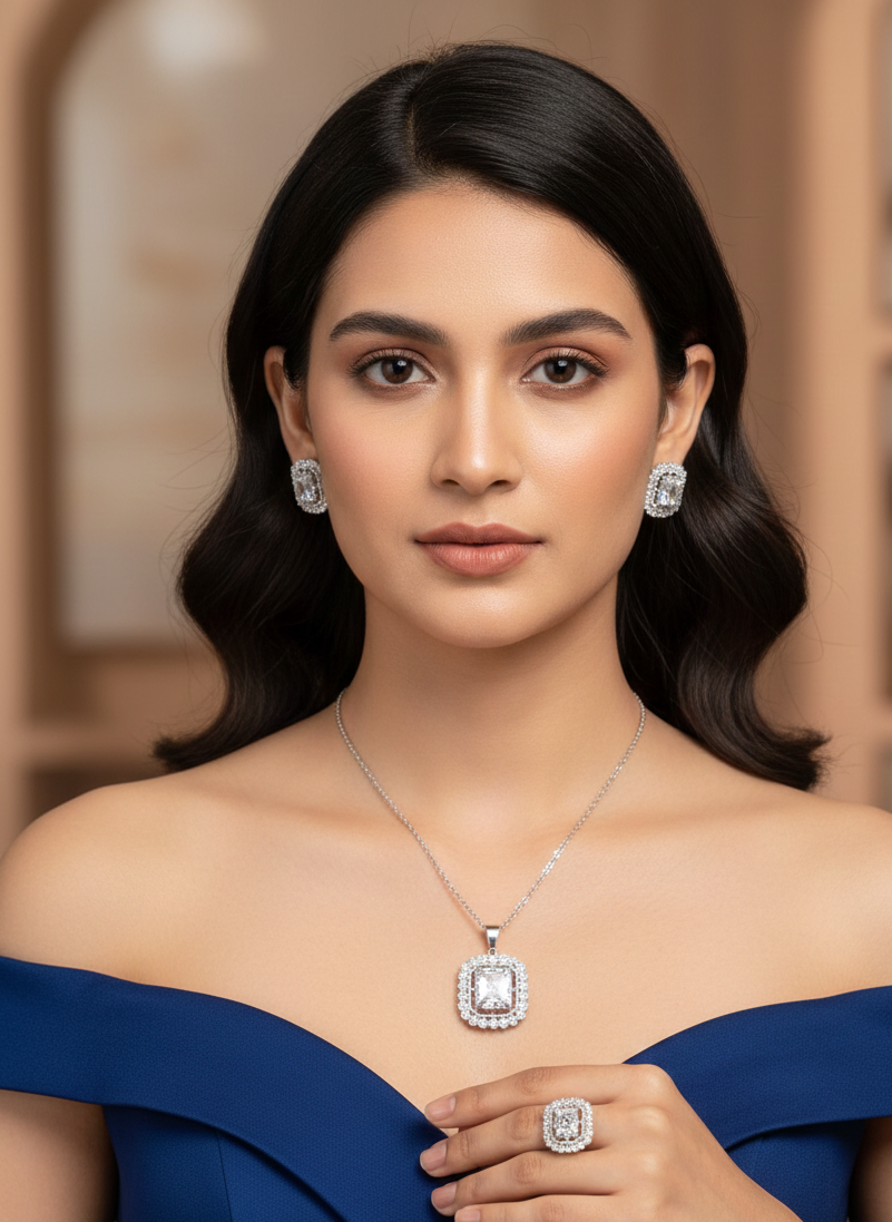 Royal Silver Zircon Halo Jewelry Set