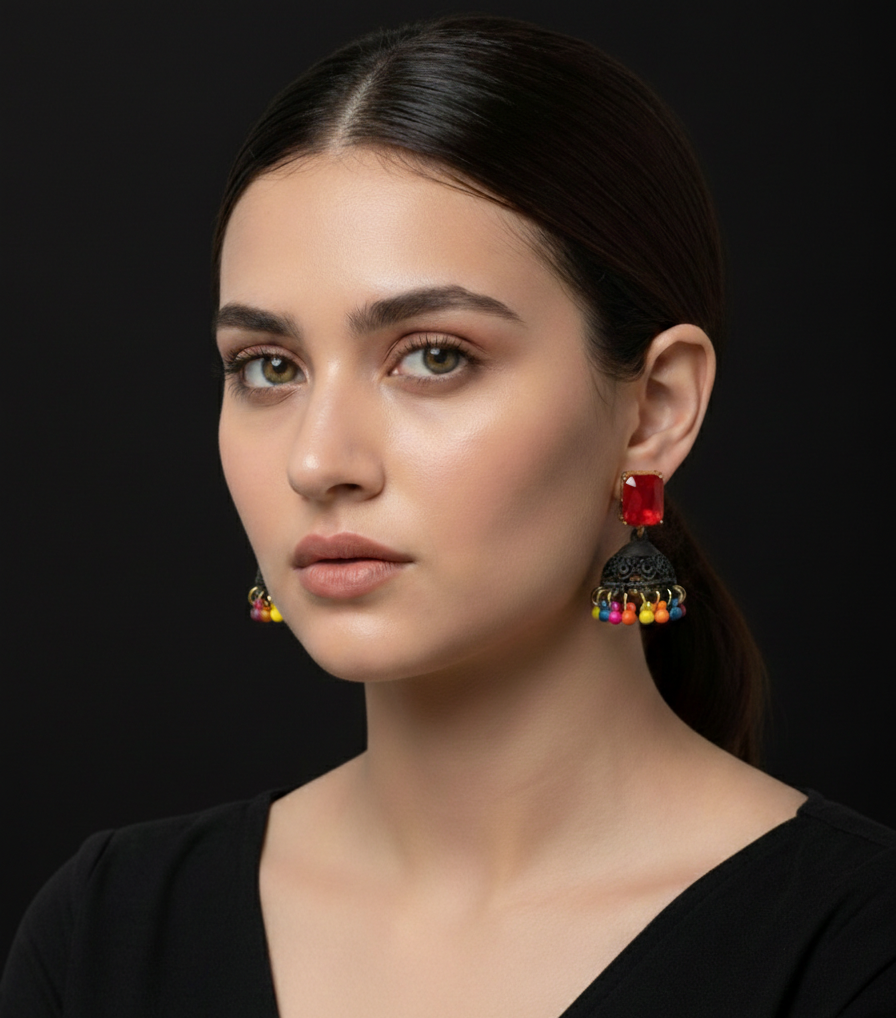 Ruby Red & Multicolor Bead Jhumkas