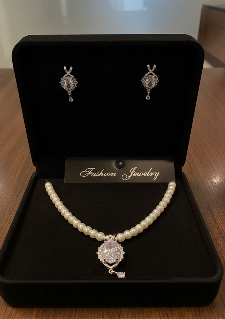 Pearl Necklace Set with Crystal Pendant & Stud Earrings