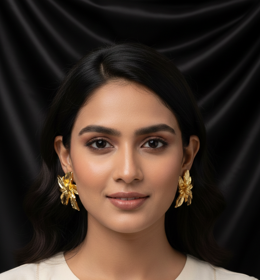 Gold Orchid Statement Floral Earrings
