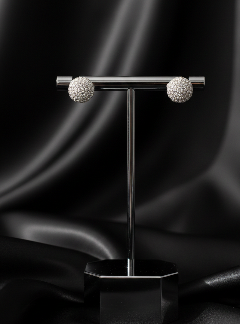 Luxury Round Diamond Pavé Stud Earrings (Silver Tone)