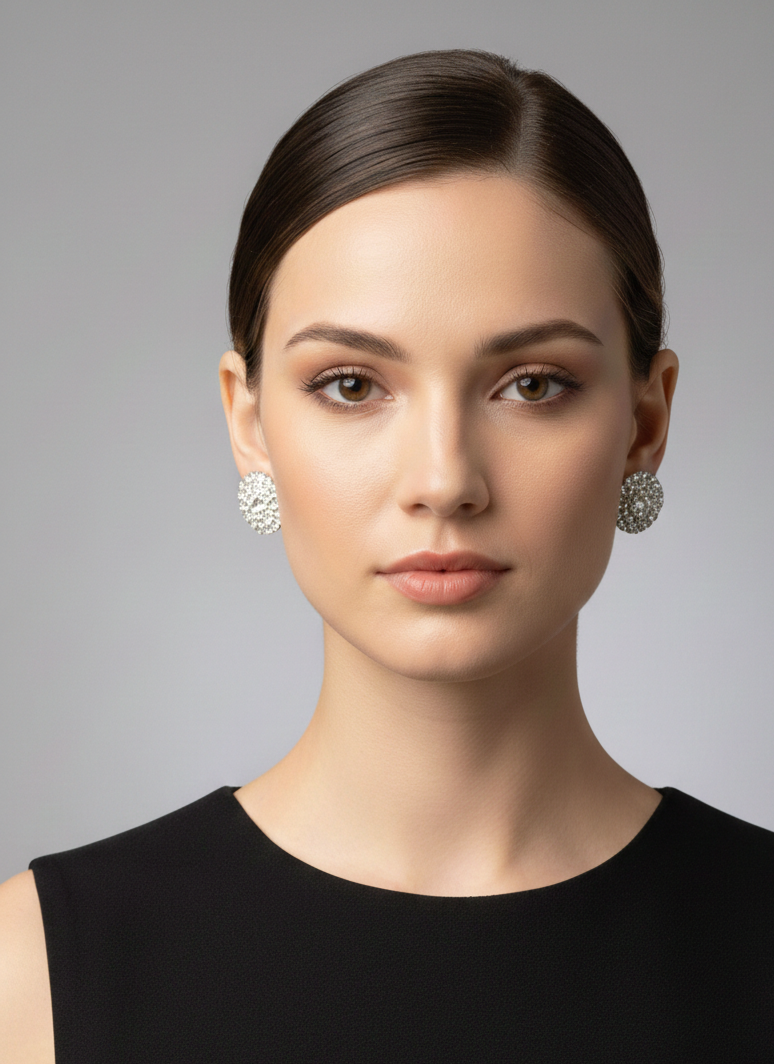 Luxury Round Diamond Pavé Stud Earrings (Silver Tone)