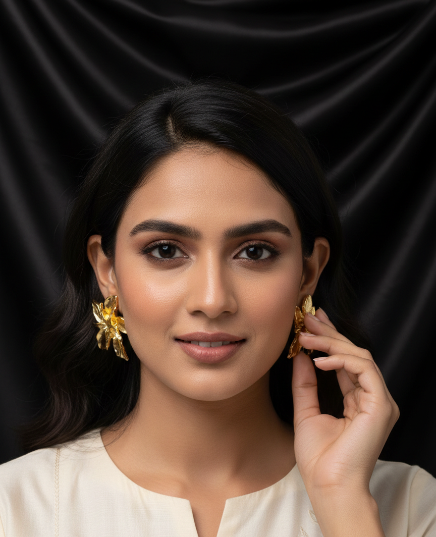 Gold Orchid Statement Floral Earrings