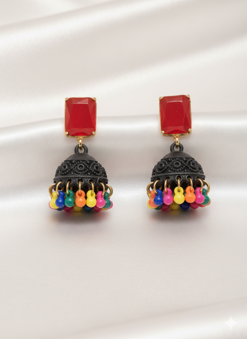 Ruby Red & Multicolor Bead Jhumkas
