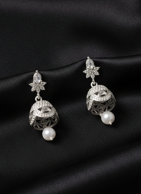 Silver Zircon Jhumka Earrings