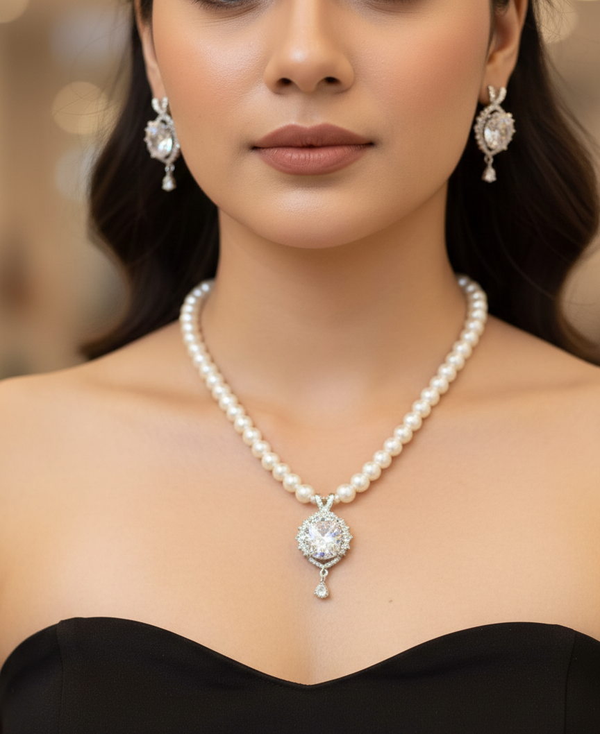 Pearl Necklace Set with Crystal