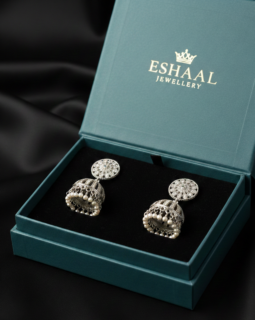 Silver Zircon Floral Jhumkas