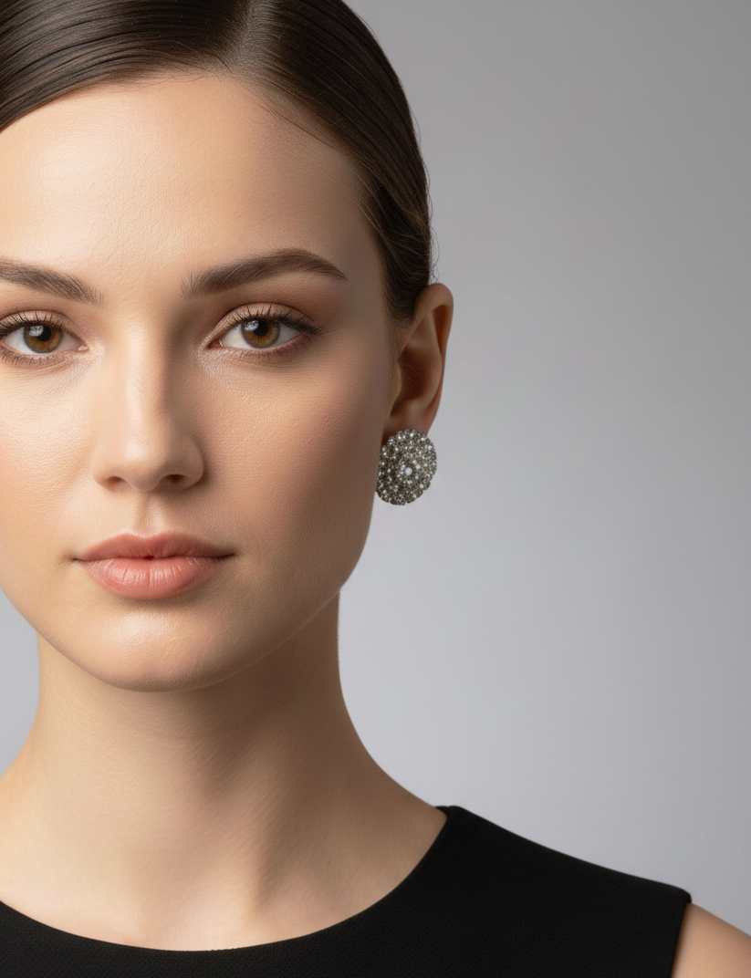 Luxury Round Diamond Pavé Stud Earrings (Silver Tone)