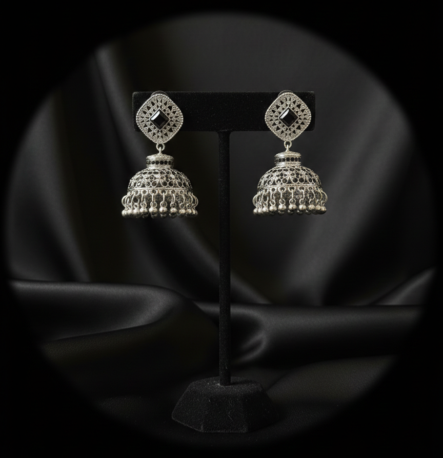 Premium Silver Oxidized Jhumka Earrings