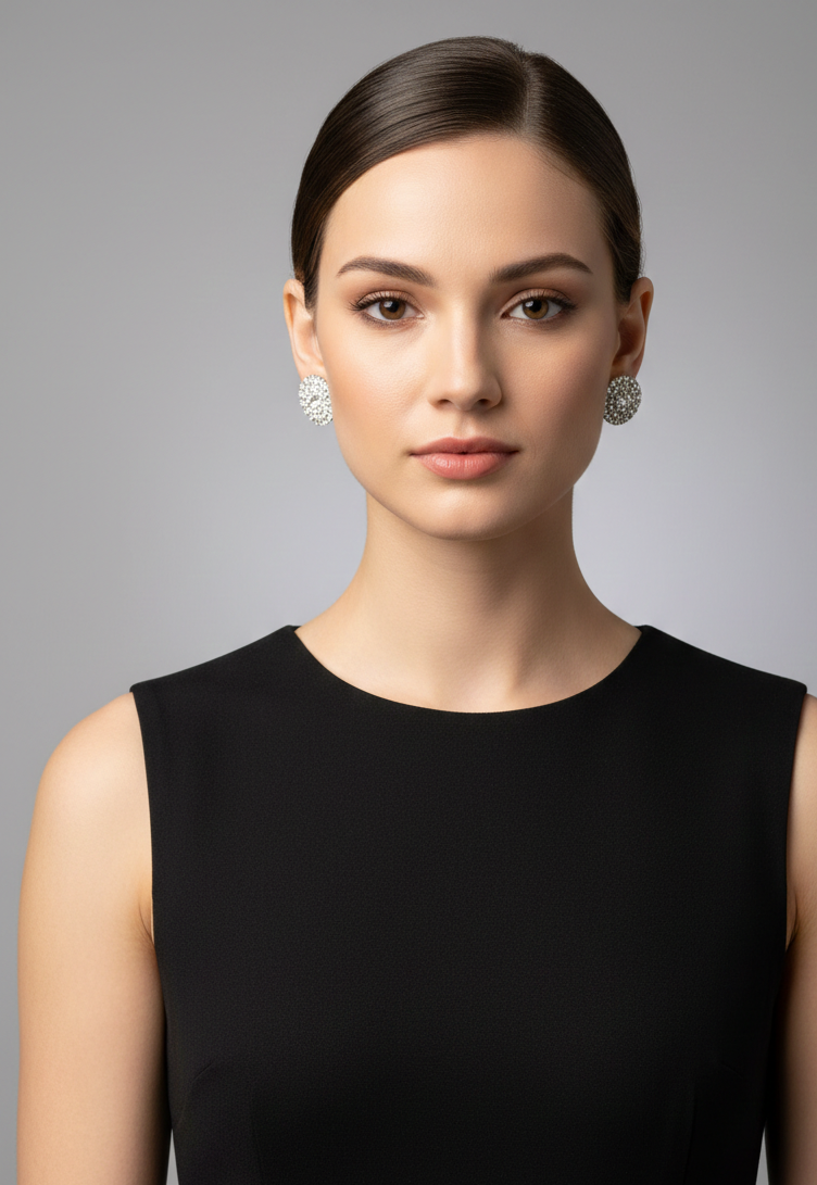 Luxury Round Diamond Pavé Stud Earrings (Silver Tone)