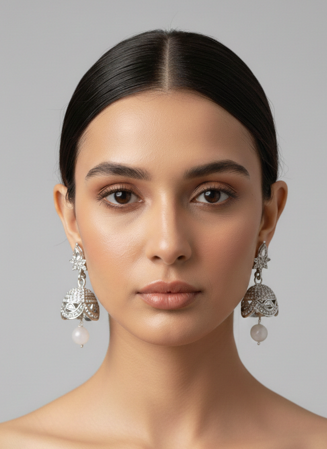 Silver Zircon Jhumka Earrings