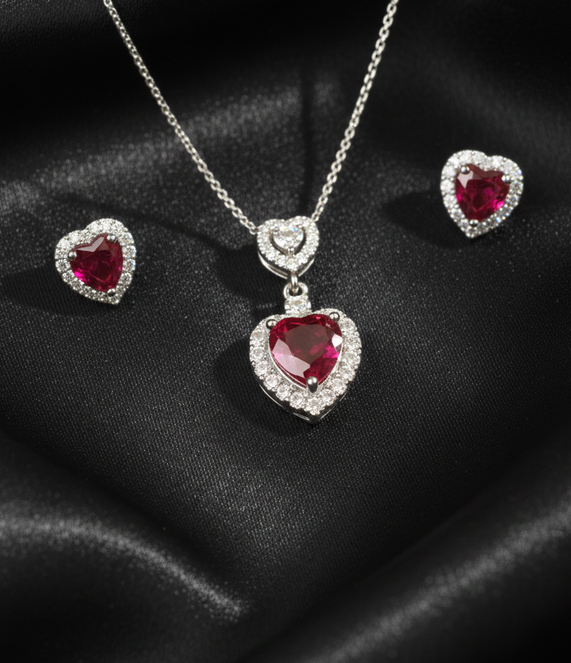 Ruby Red Heart Crystal Necklace & Stud Earrings Set