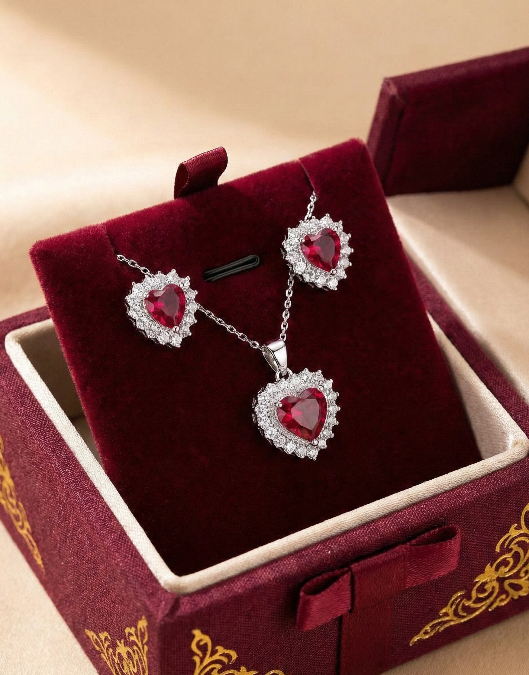 Ruby Red Heart Crystal Necklace & Stud Earrings Set