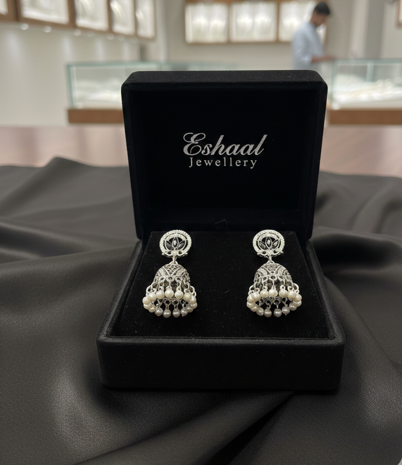 Silver Zircon Floral Jhumkas