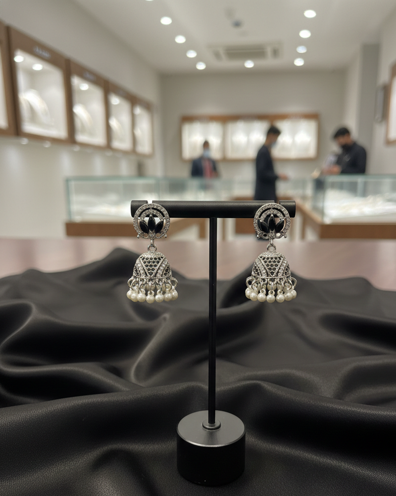 Silver Zircon Floral Jhumkas