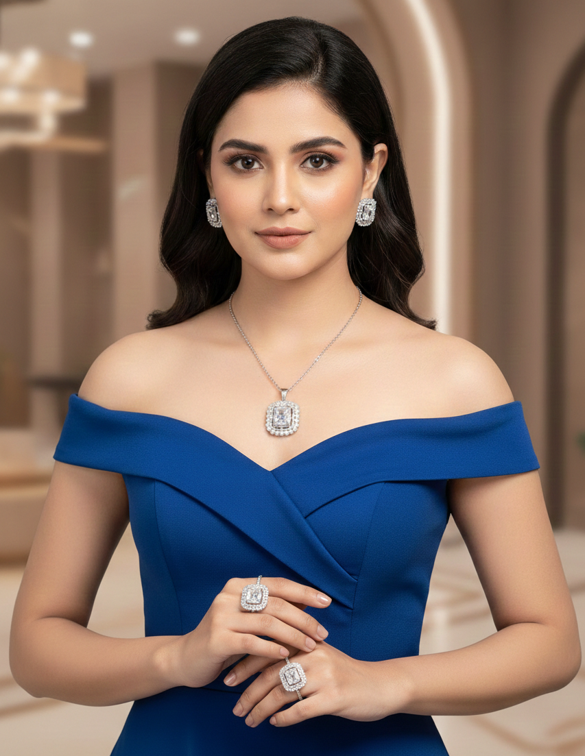 Royal Silver Zircon Halo Jewelry Set