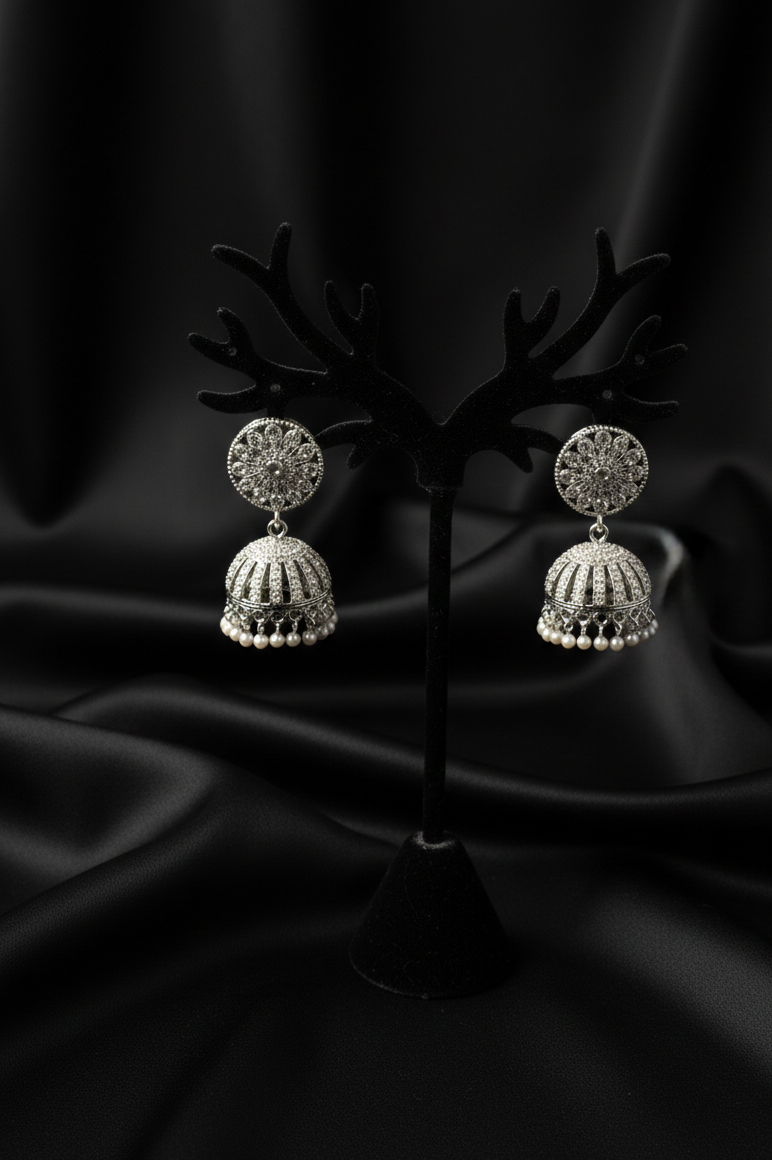 Silver Zircon Floral Jhumkas