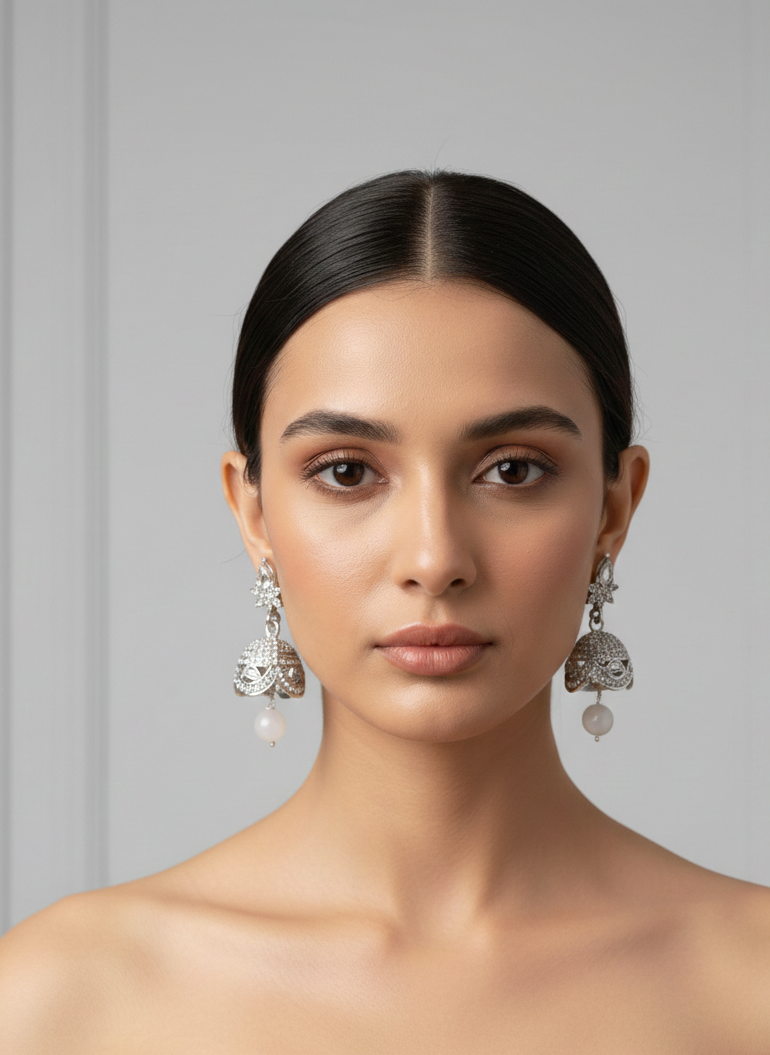 Silver Zircon Jhumka Earrings