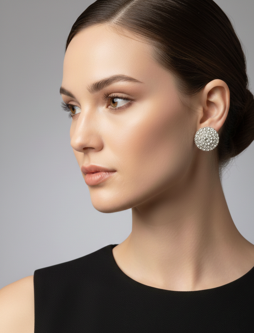 Luxury Round Diamond Pavé Stud Earrings (Silver Tone)