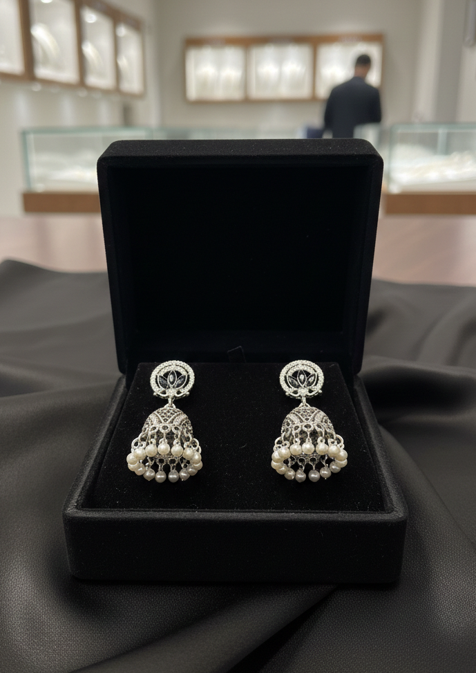 Silver Zircon Floral Jhumkas
